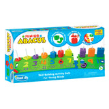 Packaging for 'Junior Abacus' educational puzzle toy featuring colorful numbered tiles and shapes for young minds.