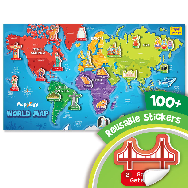 Mapology World Map Wall Chart with Reusable Stickers