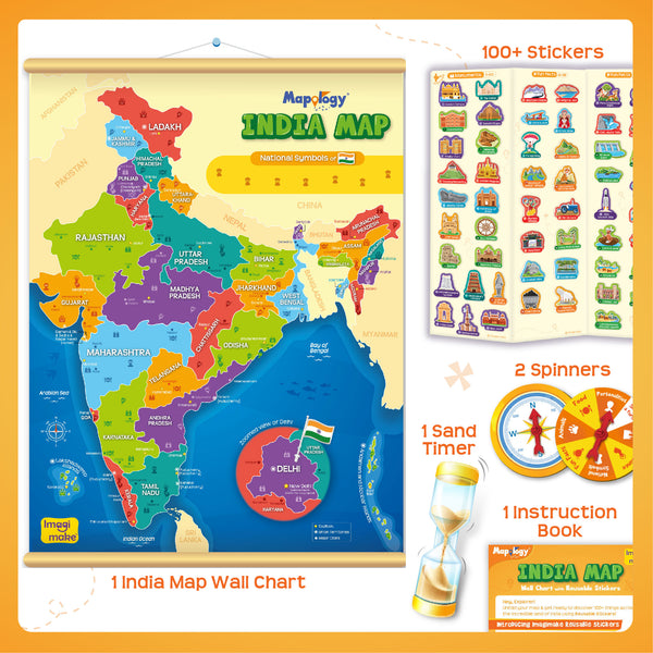 Mapology India Map Wall Chart with Reusable Stickers