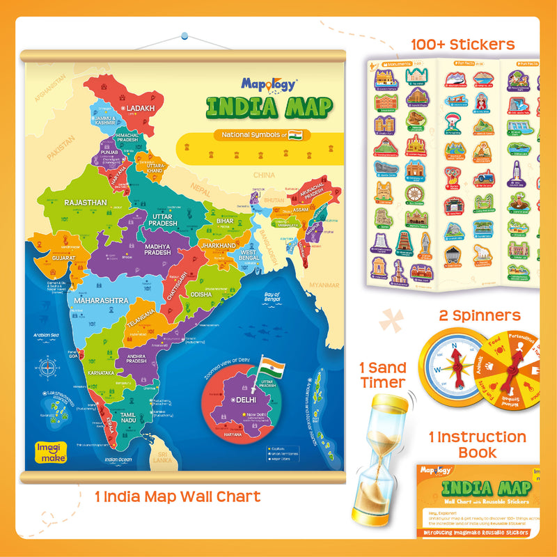 Mapology India Map Wall Chart with Reusable Stickers