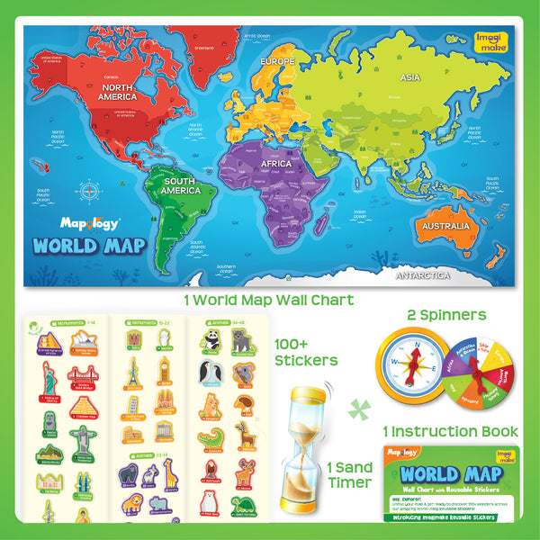 Mapology World Map Wall Chart with Reusable Stickers