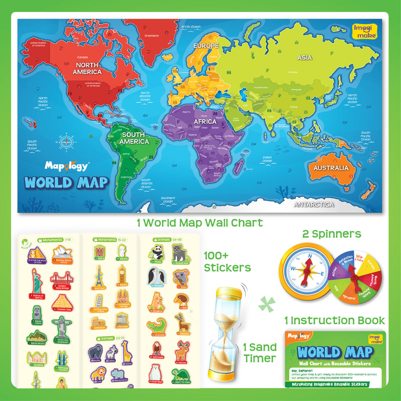 Mapology World Map Wall Chart with Reusable Stickers