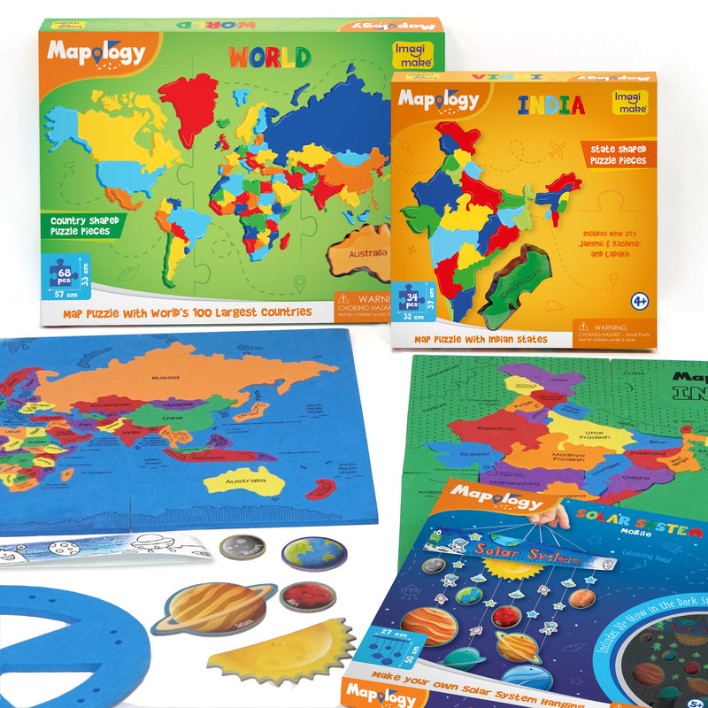 Mapology Combo: India & World Map Puzzle and Solar System Mobile - DIY Hanging Craft Kit